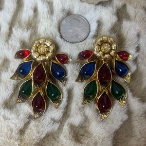 NEW Catwalk Job Clip Elegant Gold and Multicolor Floral Earrings